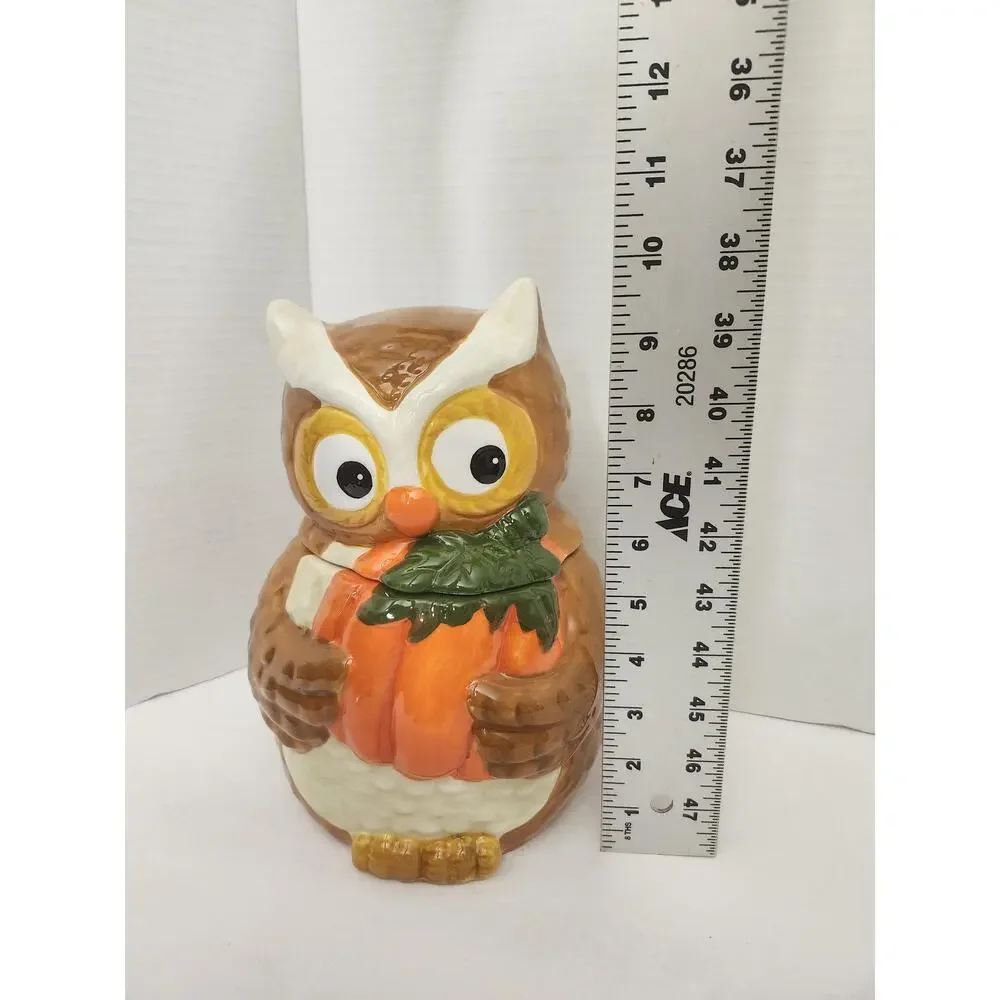 Autumn Owl Holding Pumpkin David's Cookies Ceramic Cookie Jar